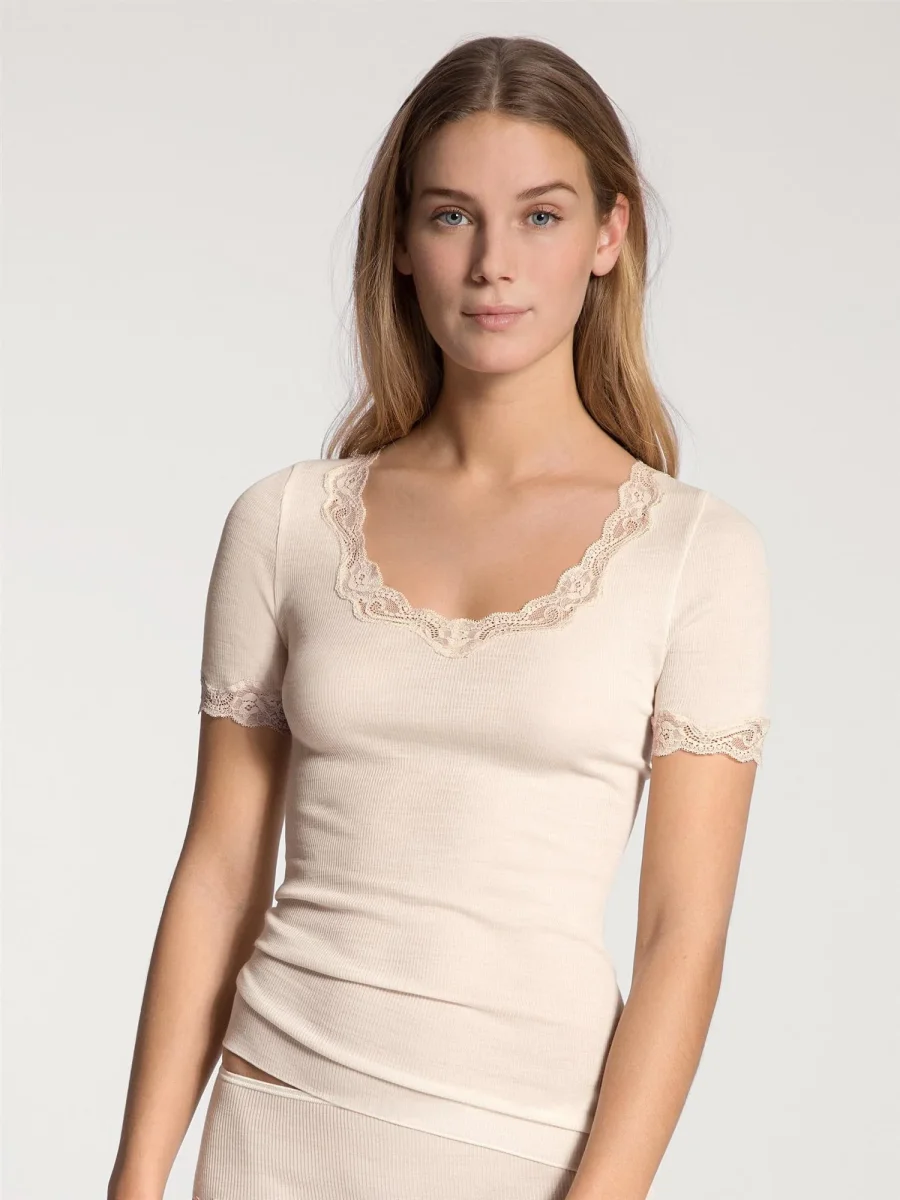 Richesse Lace ull/silke Trøye kort erm Light Ivory - Image 2
